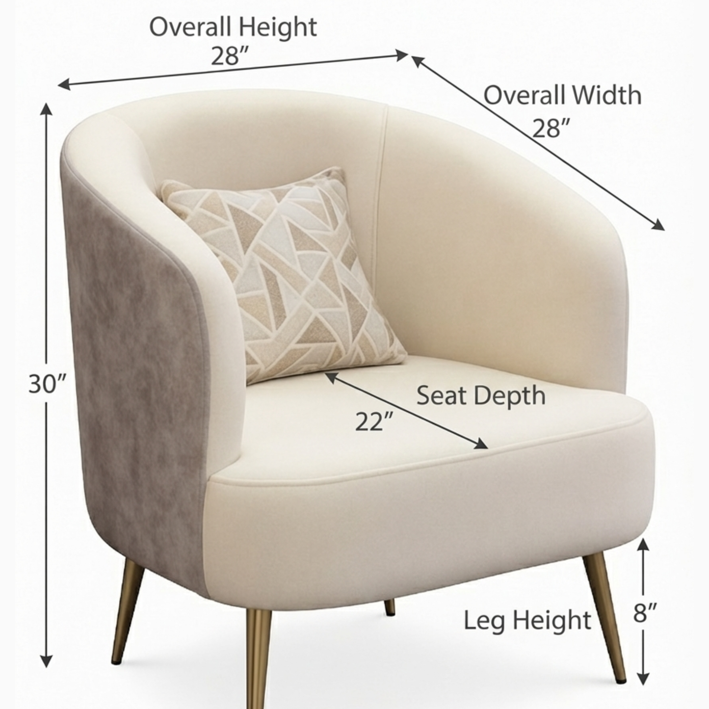 Premium Beige & Grey Upholstered Accent Chair with Cushion & Gold Metal Legs – 28” Modern Lounge Chair