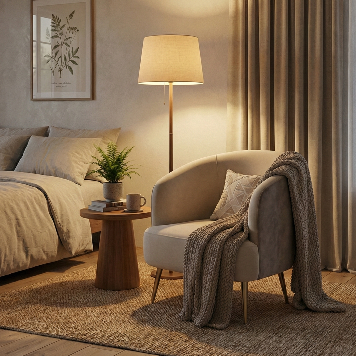 Premium Beige & Grey Upholstered Accent Chair with Cushion & Gold Metal Legs – 28” Modern Lounge Chair