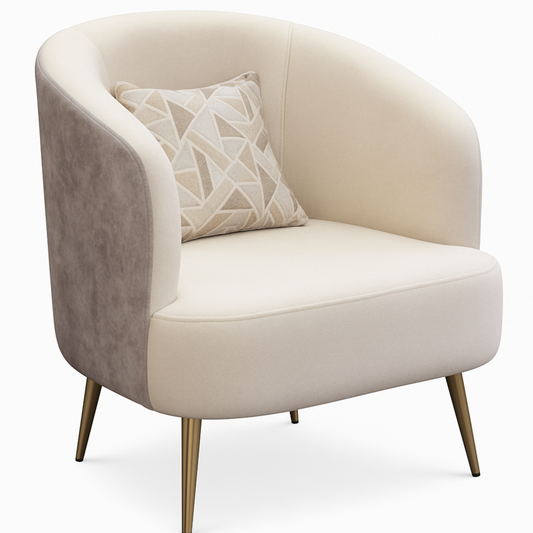 Premium Beige & Grey Upholstered Accent Chair with Cushion & Gold Metal Legs – 28” Modern Lounge Chair