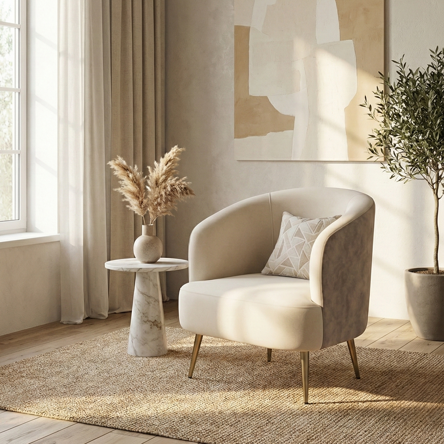 Premium Beige & Grey Upholstered Accent Chair with Cushion & Gold Metal Legs – 28” Modern Lounge Chair